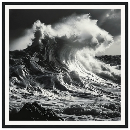 Ocean wave crashing with white spray in Wave’s Fury Howl framed wall art