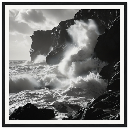 Dramatic ocean waves crashing on cliffs in black and white for Waves Wild Gambit framed wall art