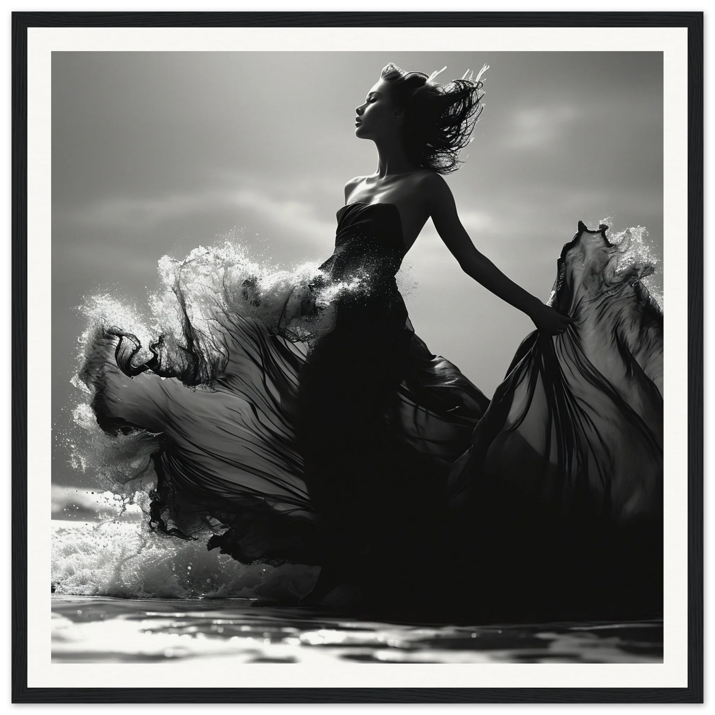 Silhouetted figure in black dress dances in Wavewoven Elegance Manifestation art