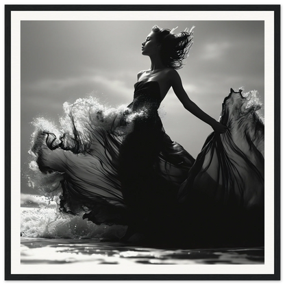 Silhouetted figure in black dress dances in Wavewoven Elegance Manifestation art