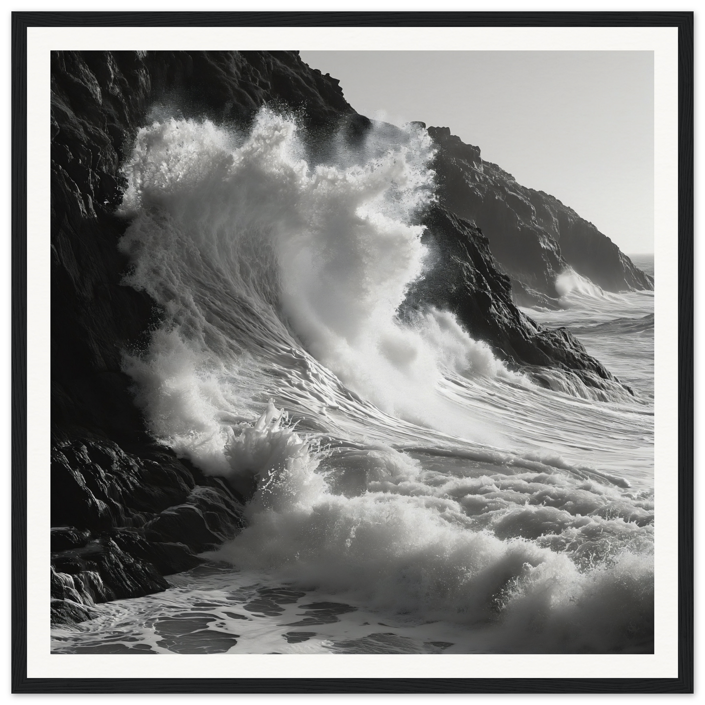 Powerful ocean wave crashing on rocky cliffs in Whirlwind’s Whisper special edition art™