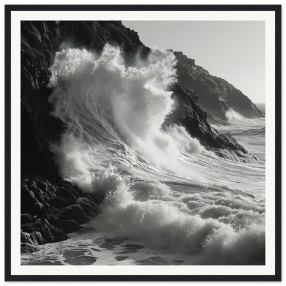 Powerful ocean wave crashing on rocky cliffs in Whirlwind’s Whisper special edition art™