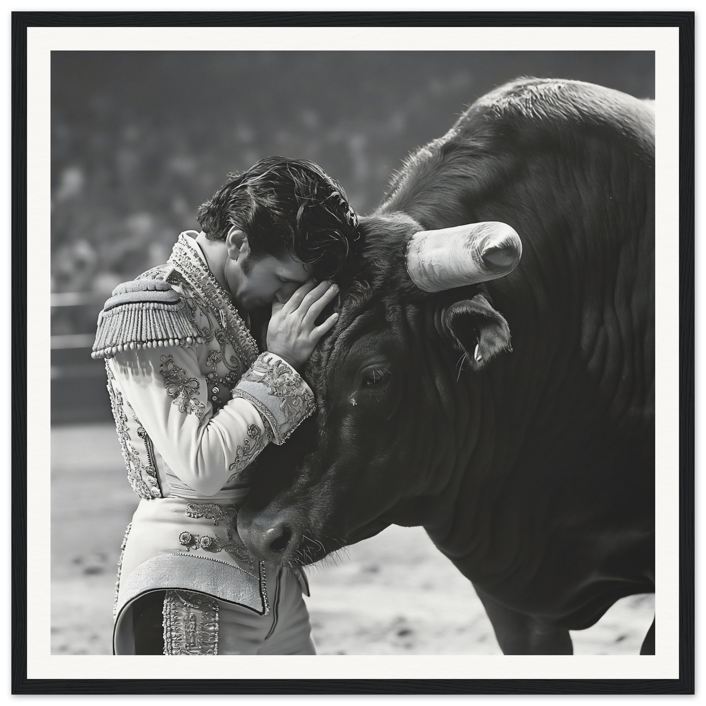 Matador in embroidered suit meets bull’s forehead in special edition art™ piece