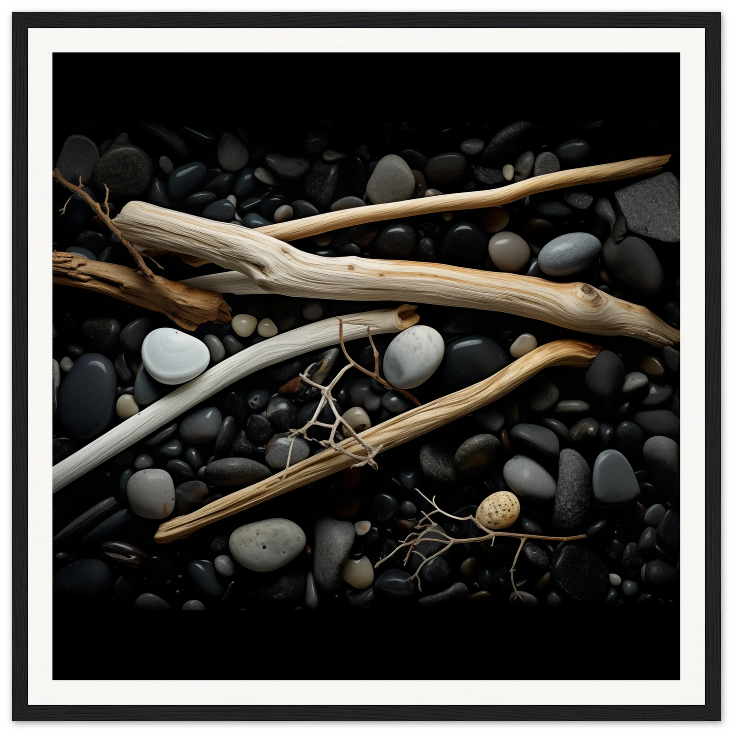 Weathered driftwood on smooth river rocks in Whispers Earthward Serenade art print