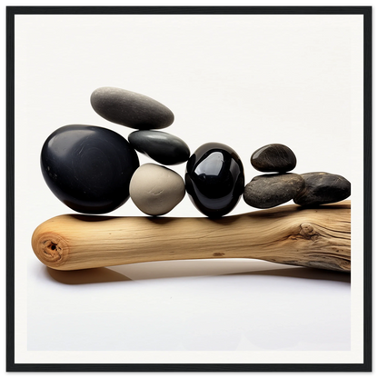 Smooth river rocks on driftwood in Zen Balance Riffs special edition art™