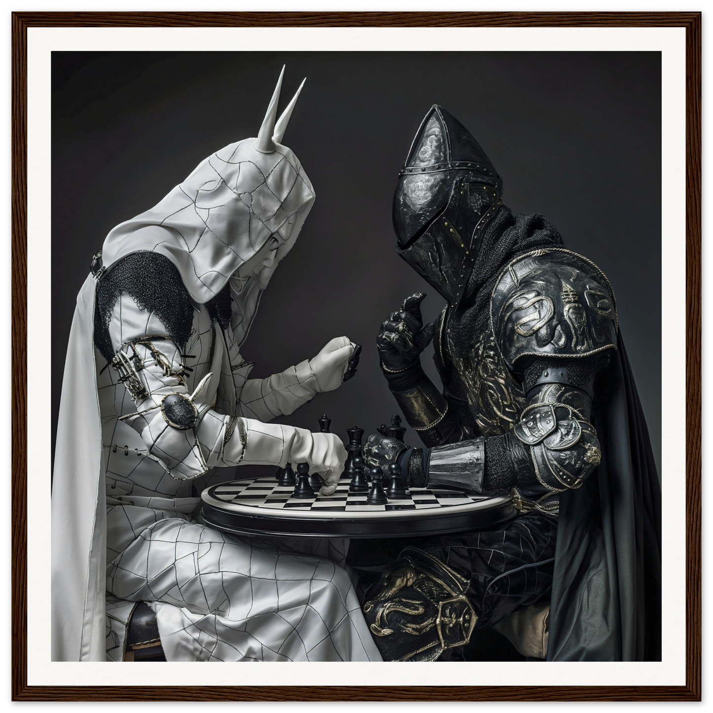 Two armored knights playing chess at a round table in Armored Minds Duel art