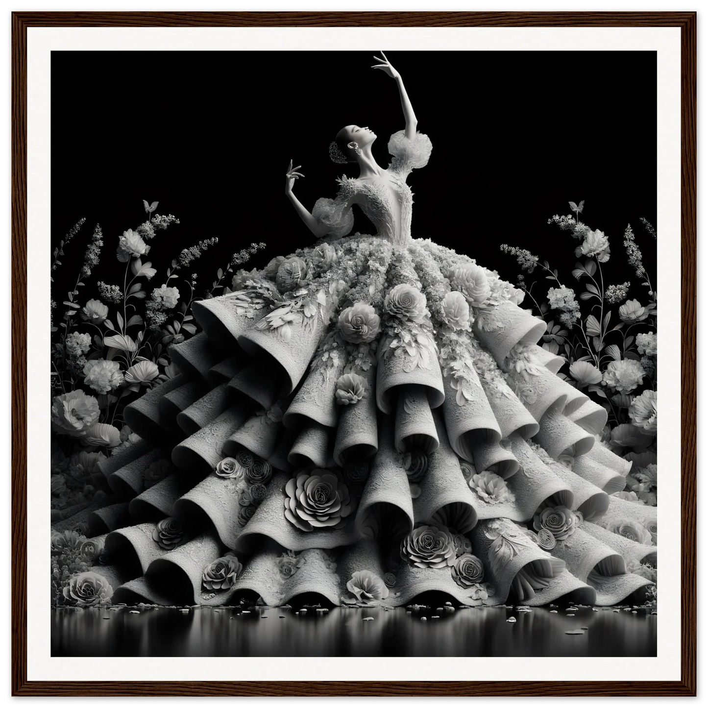 Dancer in a ruffled gown showing Baroque Blossom Ballet vibes in framed poster art