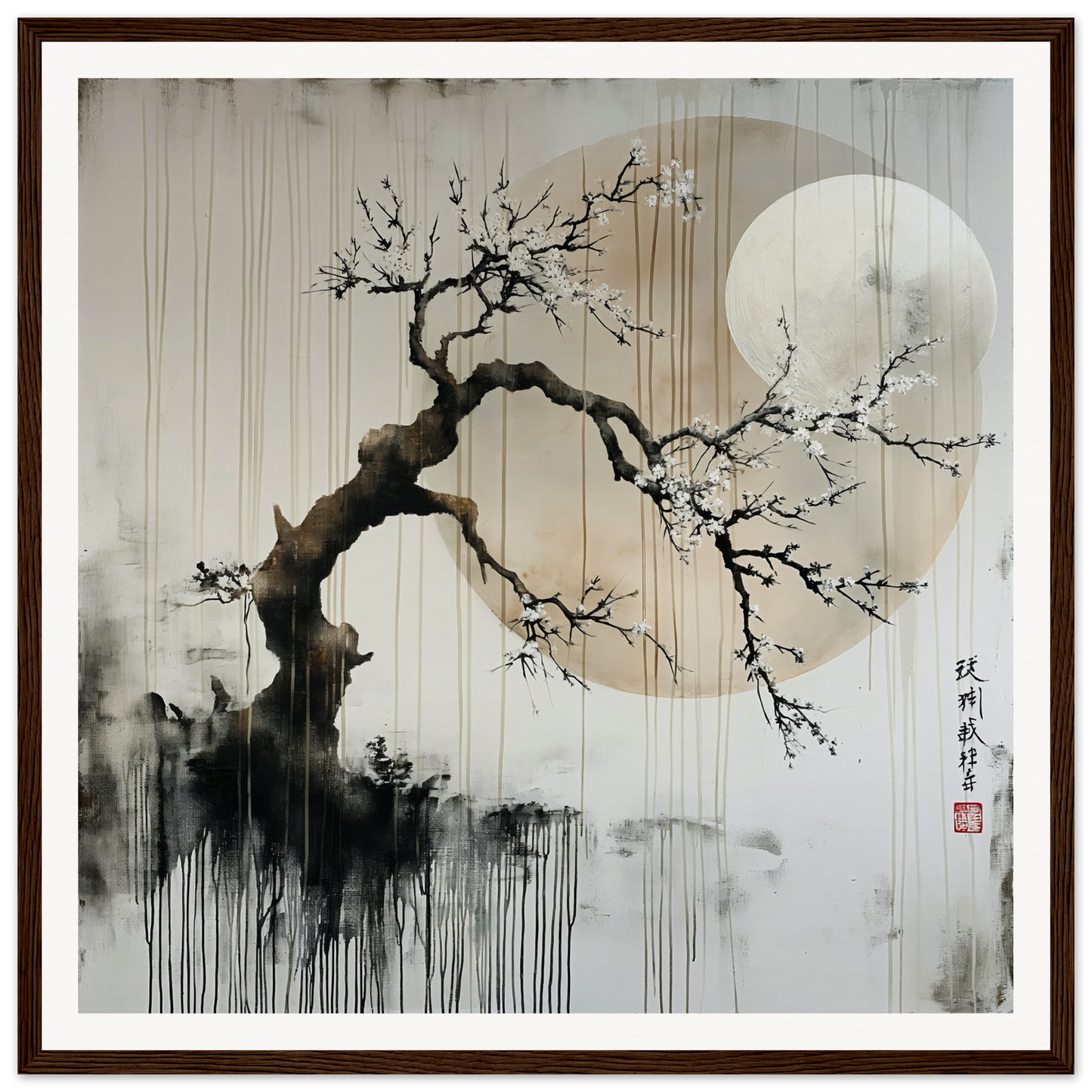 Twisted Plum Blossom tree branch with white flowers and moon in Blossoms Cosmic Serenade