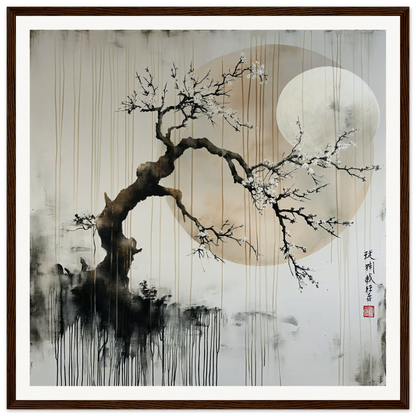 Twisted Plum Blossom tree branch with white flowers and moon in Blossoms Cosmic Serenade