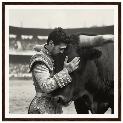 Matador in ornate suit embracing bull’s head in Bull & Brave special edition art™