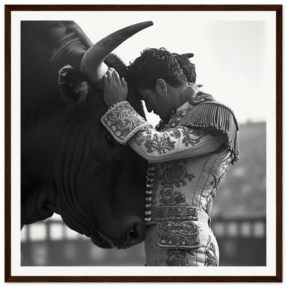 Matador in ornate suit faces bull in black and white for Bull’s Forehead Commune art