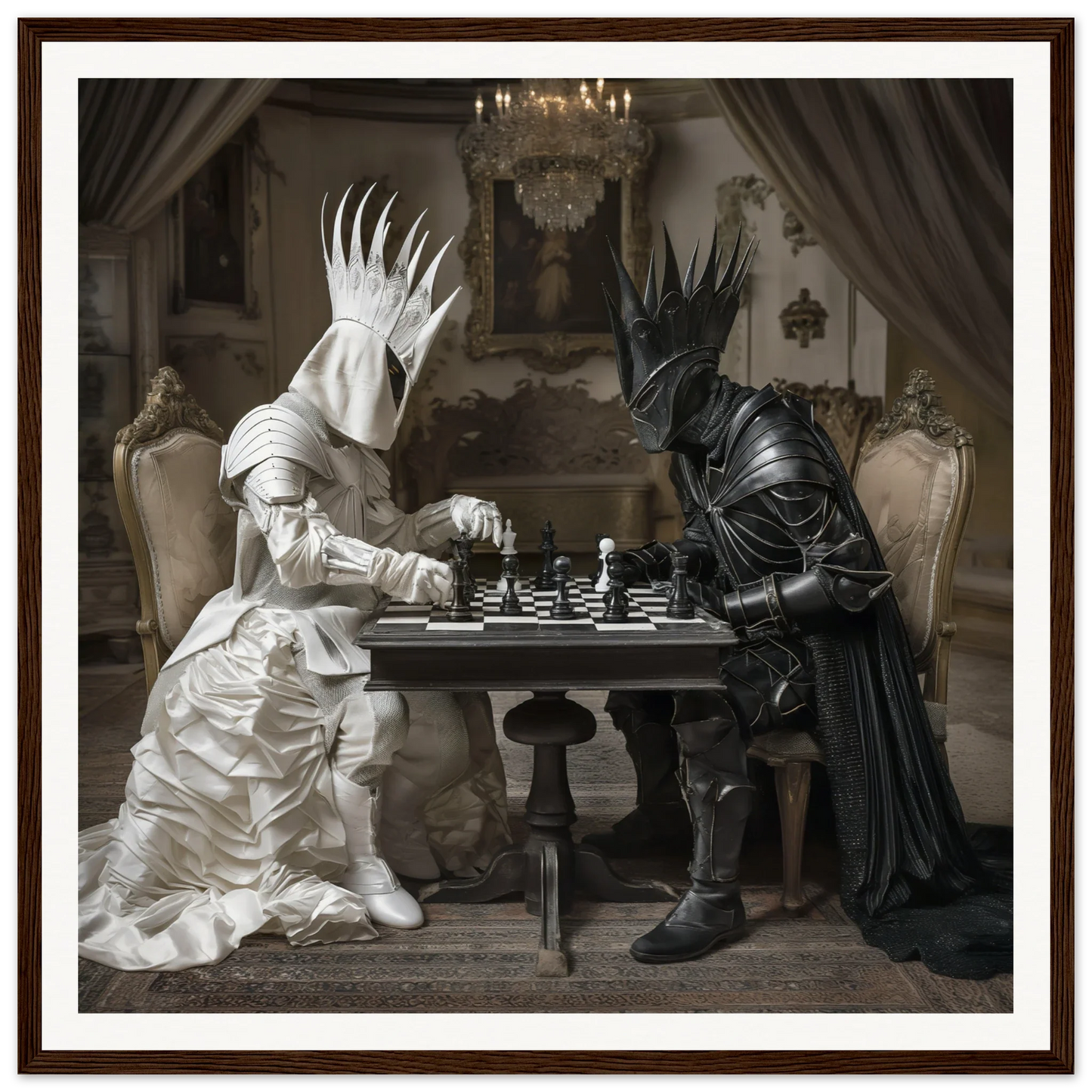 Armored figures in black and white enjoy a chess match, showcasing Celestial Chess Nexus