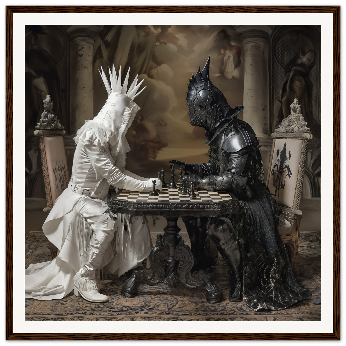 Two armored figures in black and white playing Chess Diabolic Harmonies special edition art™