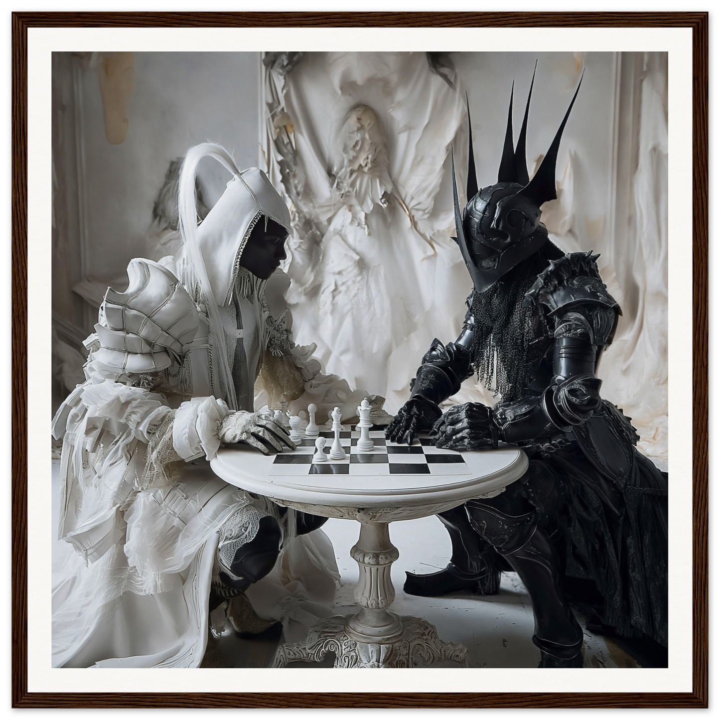 Two armored figures in black and white playing chess in Chess Duality Dance art