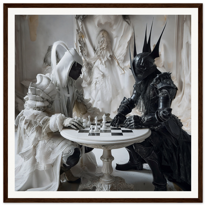 Two armored figures in black and white playing chess in Chess Duality Dance art