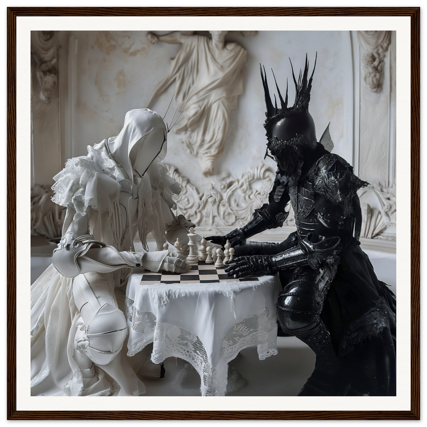 Two armored figures playing chess at a lace table in Chess Rhapsody Duality art