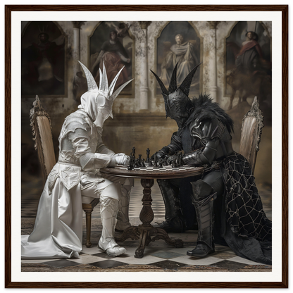 Two armored figures in rabbit masks play chess on the Chessboard Waltz special edition art