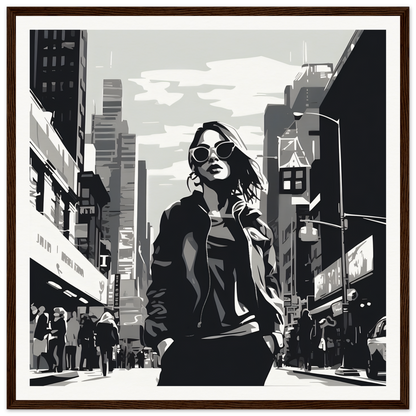 Stylized black and white illustration of a confident figure for Chic City’s Echoes