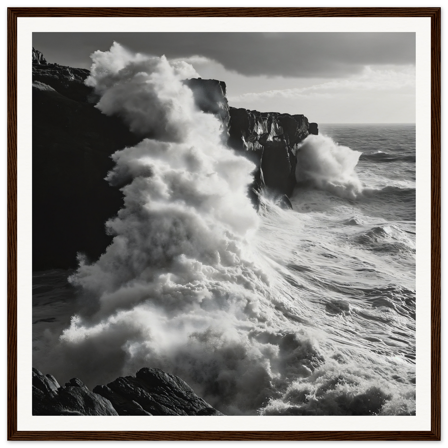 Powerful ocean waves crash on cliffs in this Cliffs’ Chaotic Ballet framed seascape