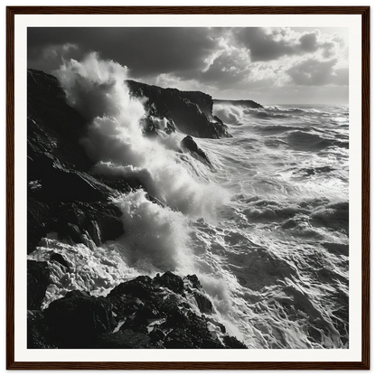 Powerful ocean waves crashing on rocky cliffs in Craggy Surf Duel special edition art™