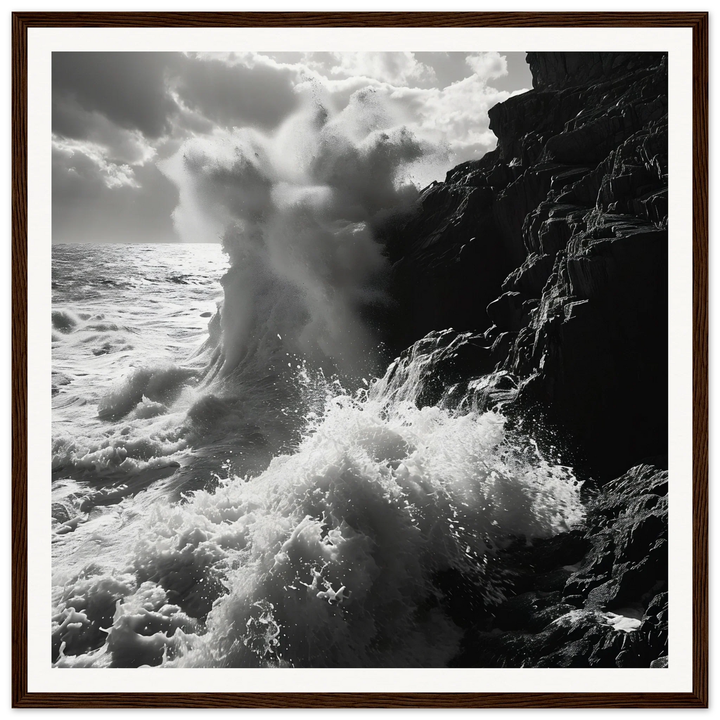 Ocean waves crashing on rocky cliffs in Dance Infernal Embrace art piece