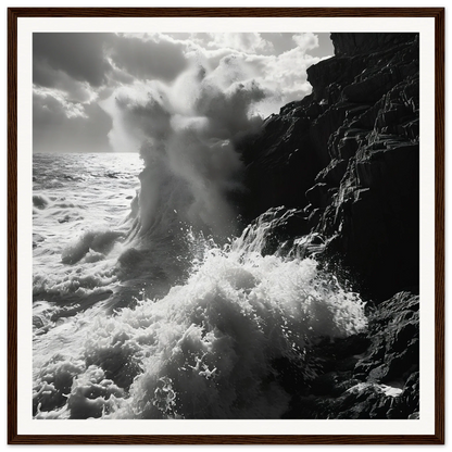 Ocean waves crashing on rocky cliffs in Dance Infernal Embrace art piece