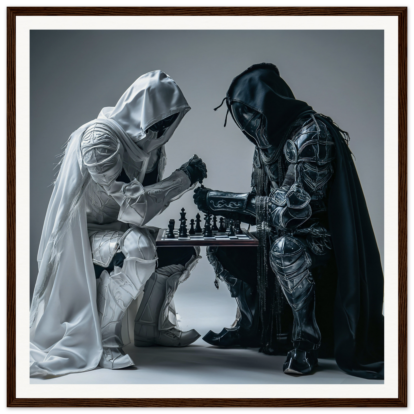 Two hooded figures in white and black robes playing chess in Duality Chess Dreamscape