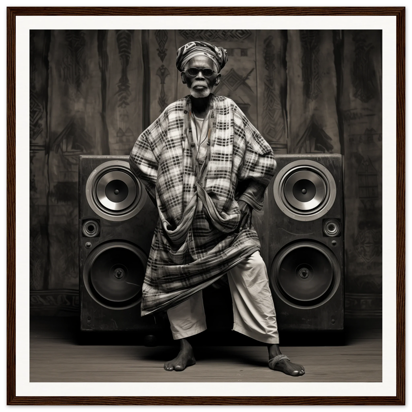 Person in traditional African attire with speakers at Echos of Mysticism special edition art