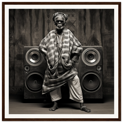 Person in traditional African attire with speakers at Echos of Mysticism special edition art