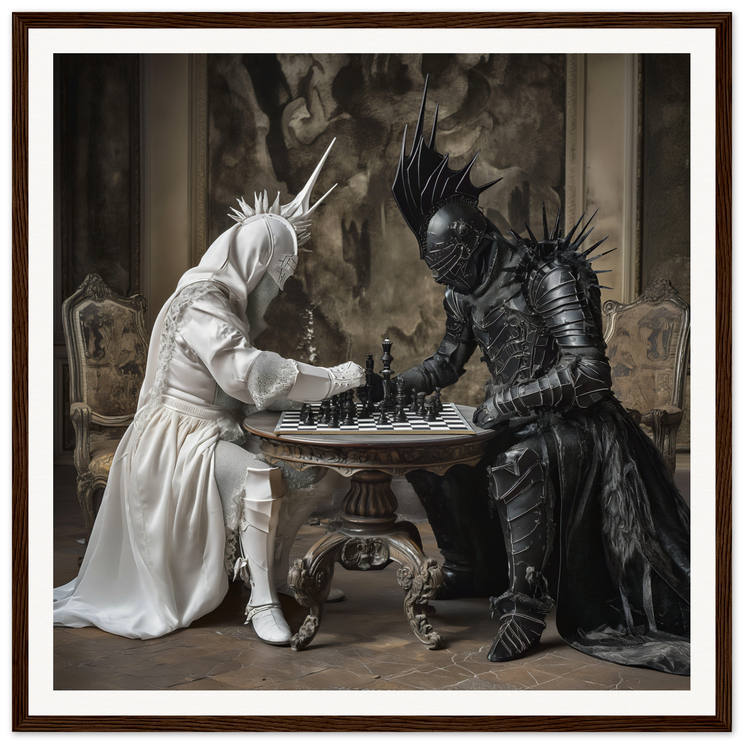 Two armored figures engaged in an Elegant Chess Duel at an ornate table, framed wall art