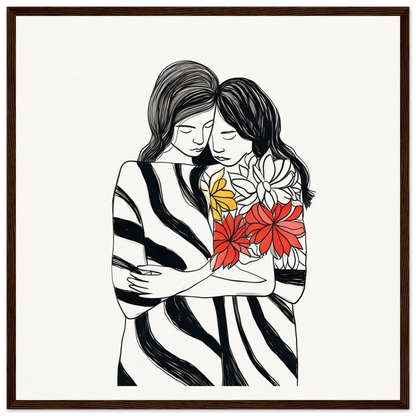 Line drawing of two people hugging with vibrant flowers for Embrace Florid Flicker art