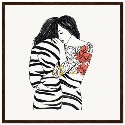 Line drawing of a figure in a striped sweater with floral tattoo for Etched Embrace Harmony