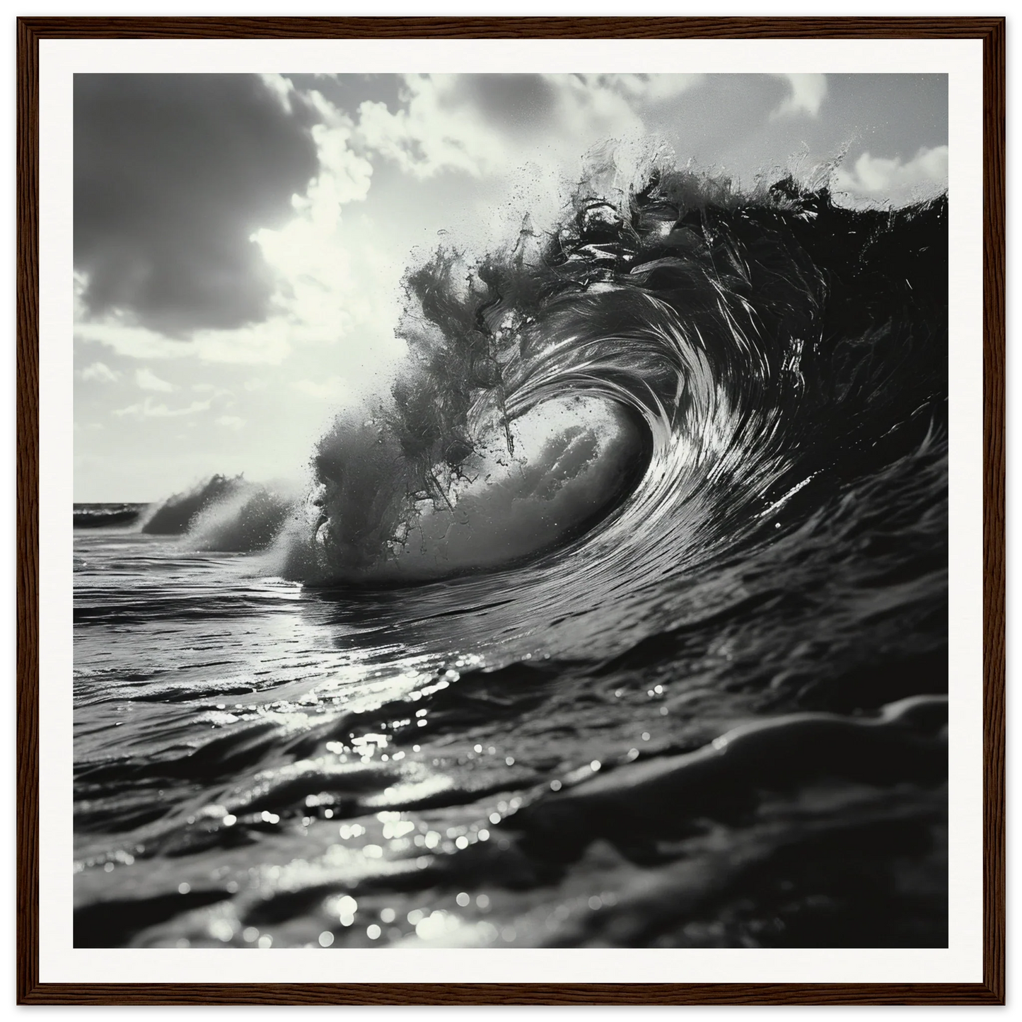 Black and white curling ocean wave in Eternal Wave Symphony framed poster art