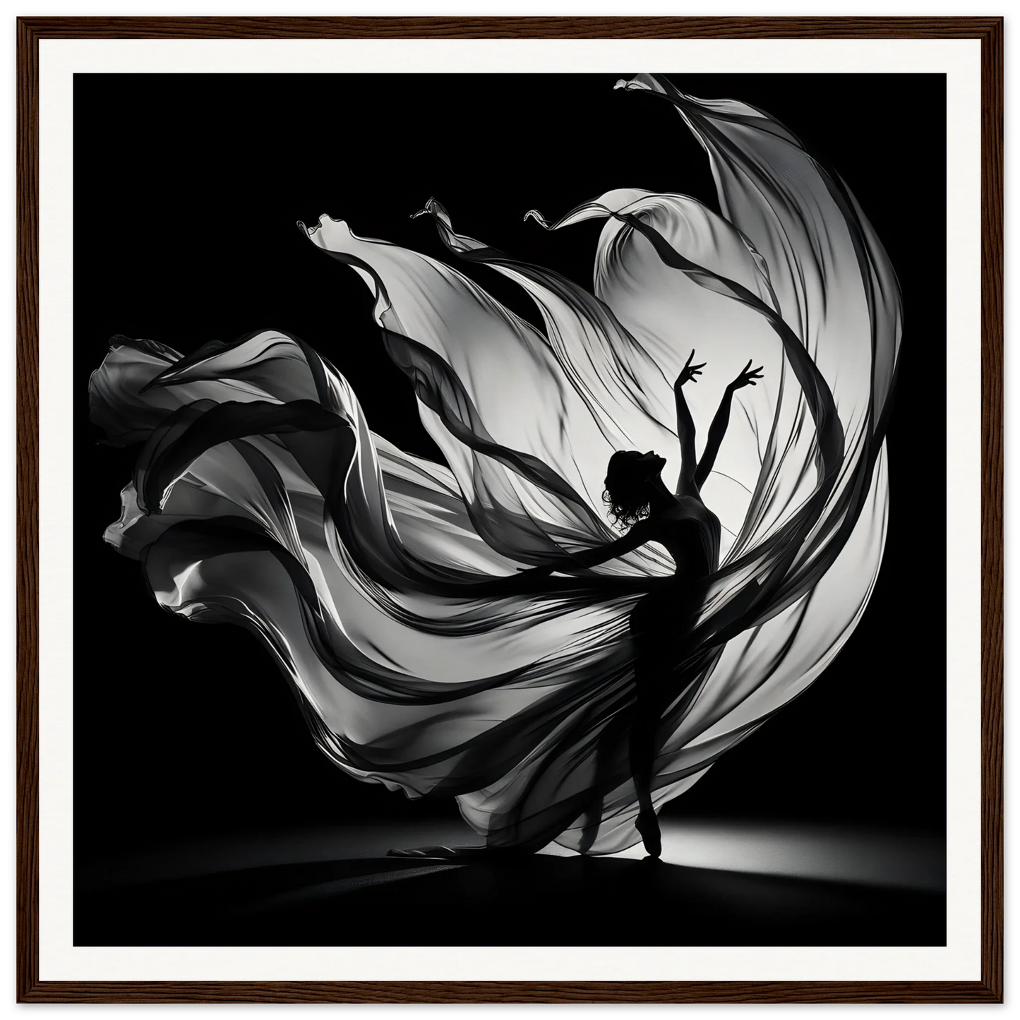 Ethereal Dance Reverie with a silhouetted dancer swirling in flowing fabric