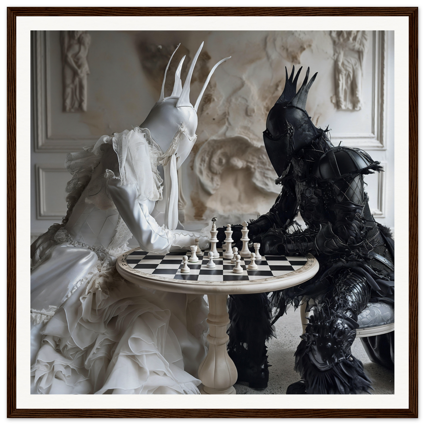 Two ornate figures in black and white attire playing chess in Ethereal Minds Duel