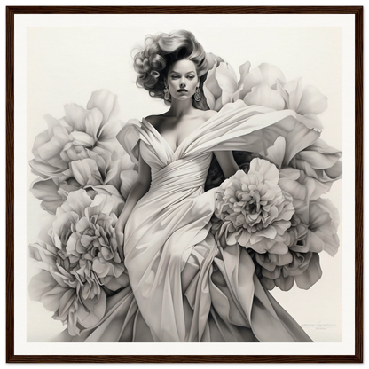 Black and white fashion shot of Gown Enveloped Blossoms with flowing fabric and peonies