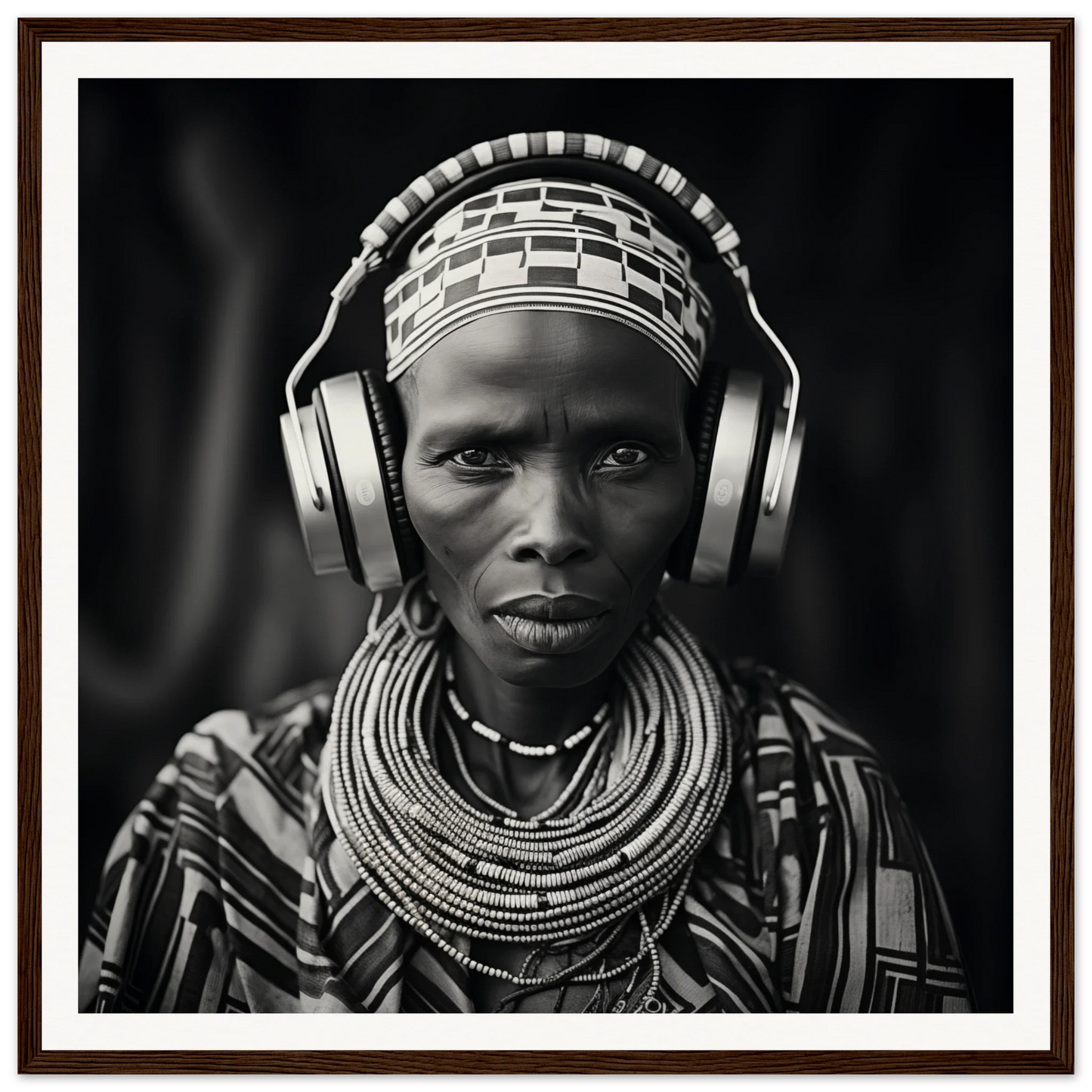 Striking black and white portrait of traditional African jewelry with modern headphones in Head사는Unity