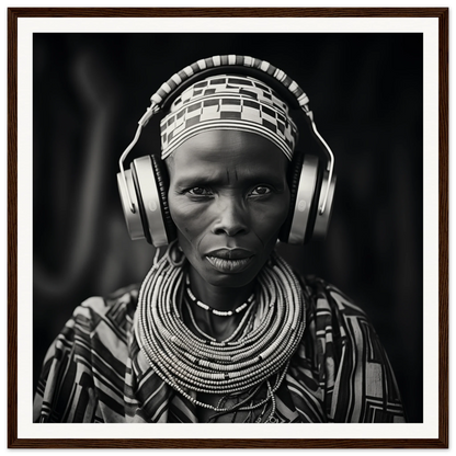 Striking black and white portrait of traditional African jewelry with modern headphones in Head사는Unity