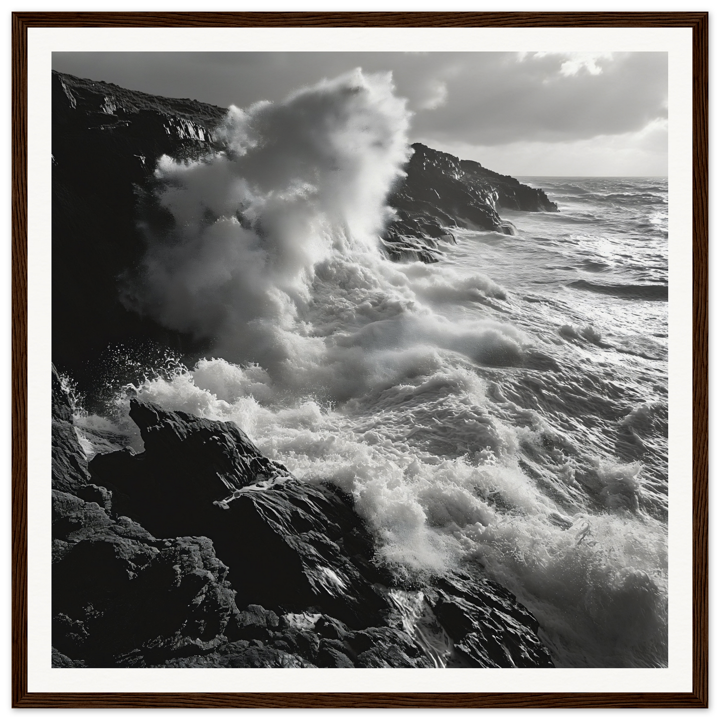 Powerful ocean waves crashing on rocky cliffs showcased in Infinite Nautical Poem