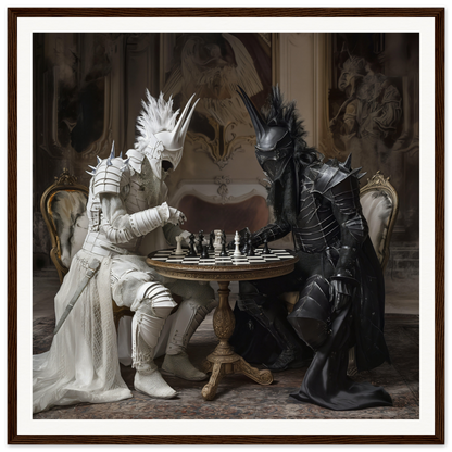 Two armored figures in black and white square off in Iron Clash Atlas chess art