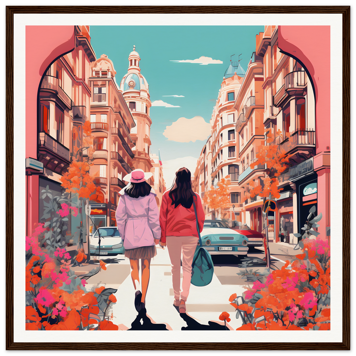 Two friends enjoying autumn vibes on a European street in Jazzed Urban Reverie art