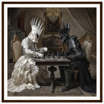 Two armored figures in black and white play chess in Kinship Checkmates Cosmos art