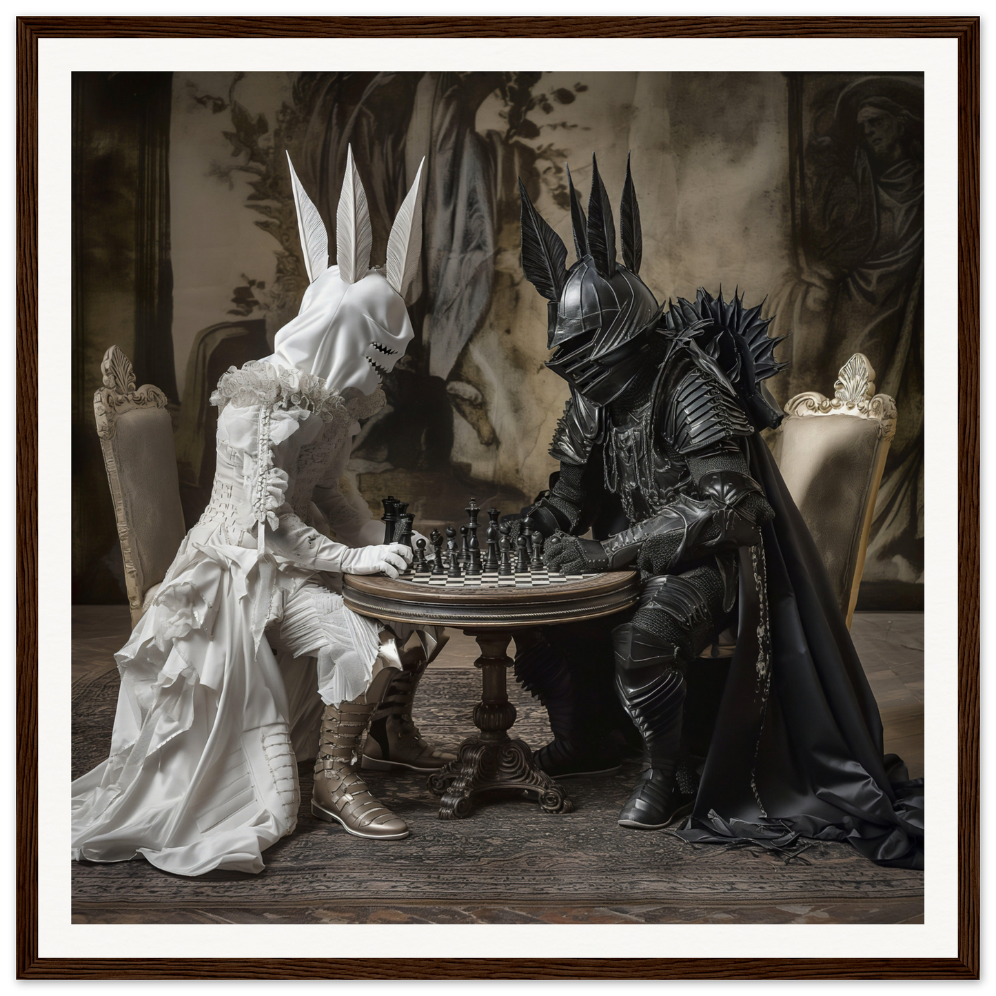 Two costumed figures in black and white armor playing chess in Knighted Dreamscapes art