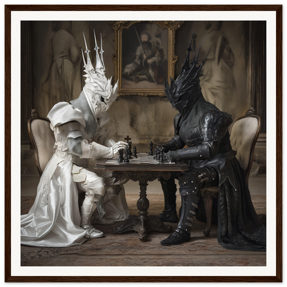 Two armored figures in black and white playing chess for Knights’ Cerebral Ballet