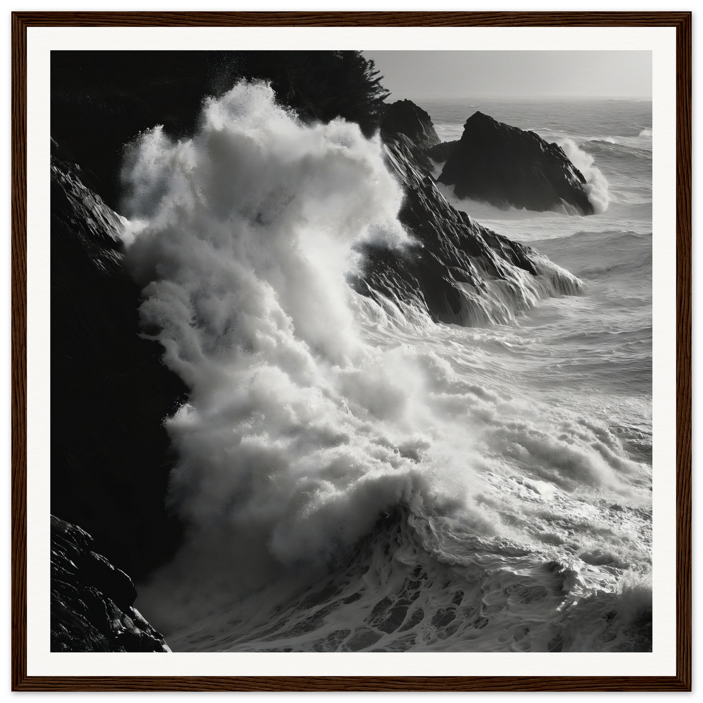 Powerful ocean waves crash on rocky cliffs in this white seascape framed poster