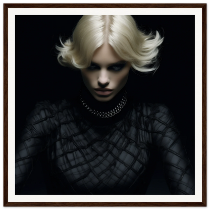 Dramatic portrait with platinum blonde hair and dark clothing in Luminous Gothic Whispers style