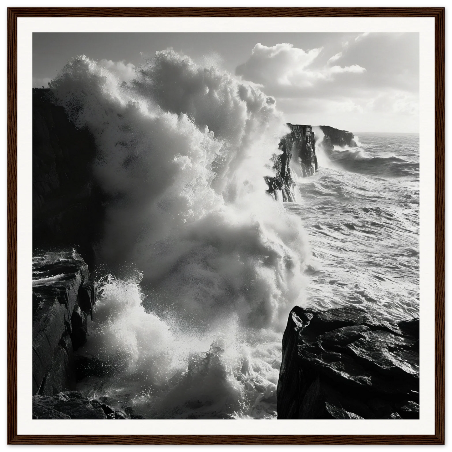 Powerful ocean waves crashing on cliffs, perfect for Majestic Tempest Dance decor