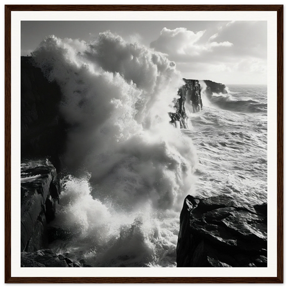 Powerful ocean waves crashing on cliffs, perfect for Majestic Tempest Dance decor