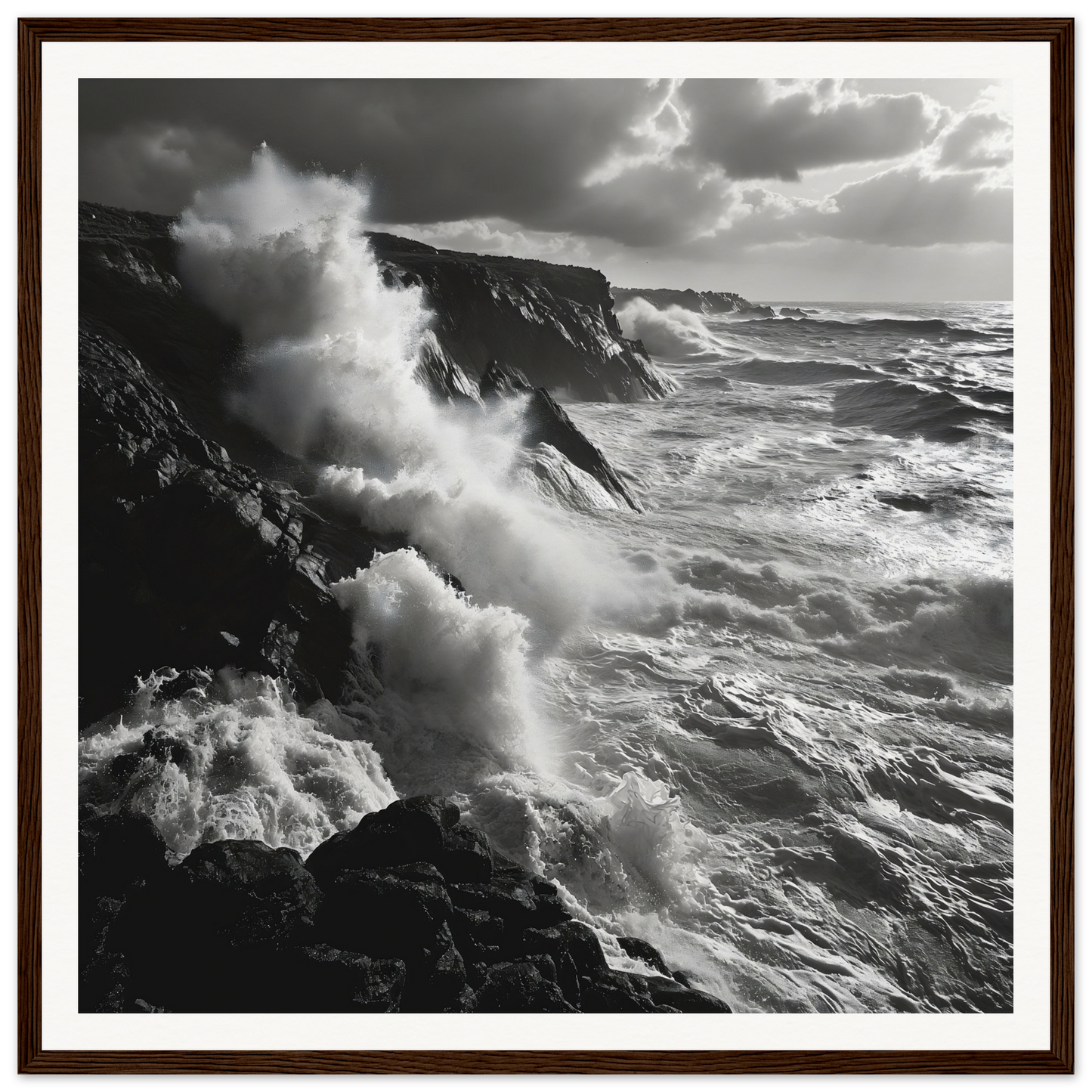 Powerful ocean waves crash on cliffs in Mystic Tempest Waltz framed poster