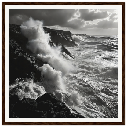 Powerful ocean waves crash on cliffs in Mystic Tempest Waltz framed poster